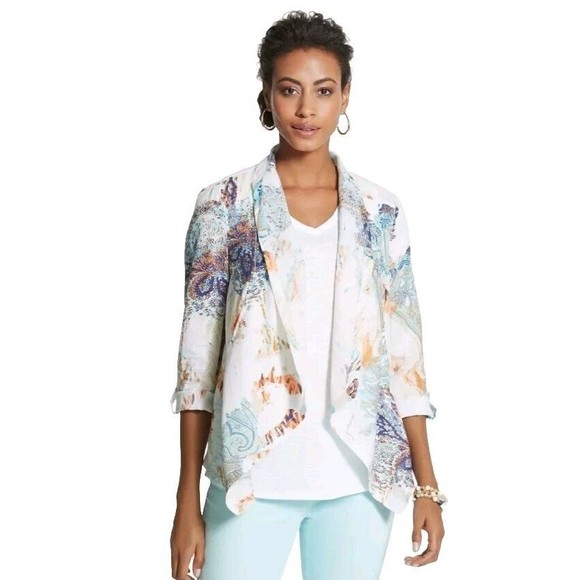 Chico's Francesca Printed Linen Open Front Jacket Snap-Tab Cuffs 3/4 Sleeve Sz 3 - Picture 1 of 8